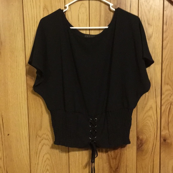 Tops - Black blouse, with tightening strings on bottom